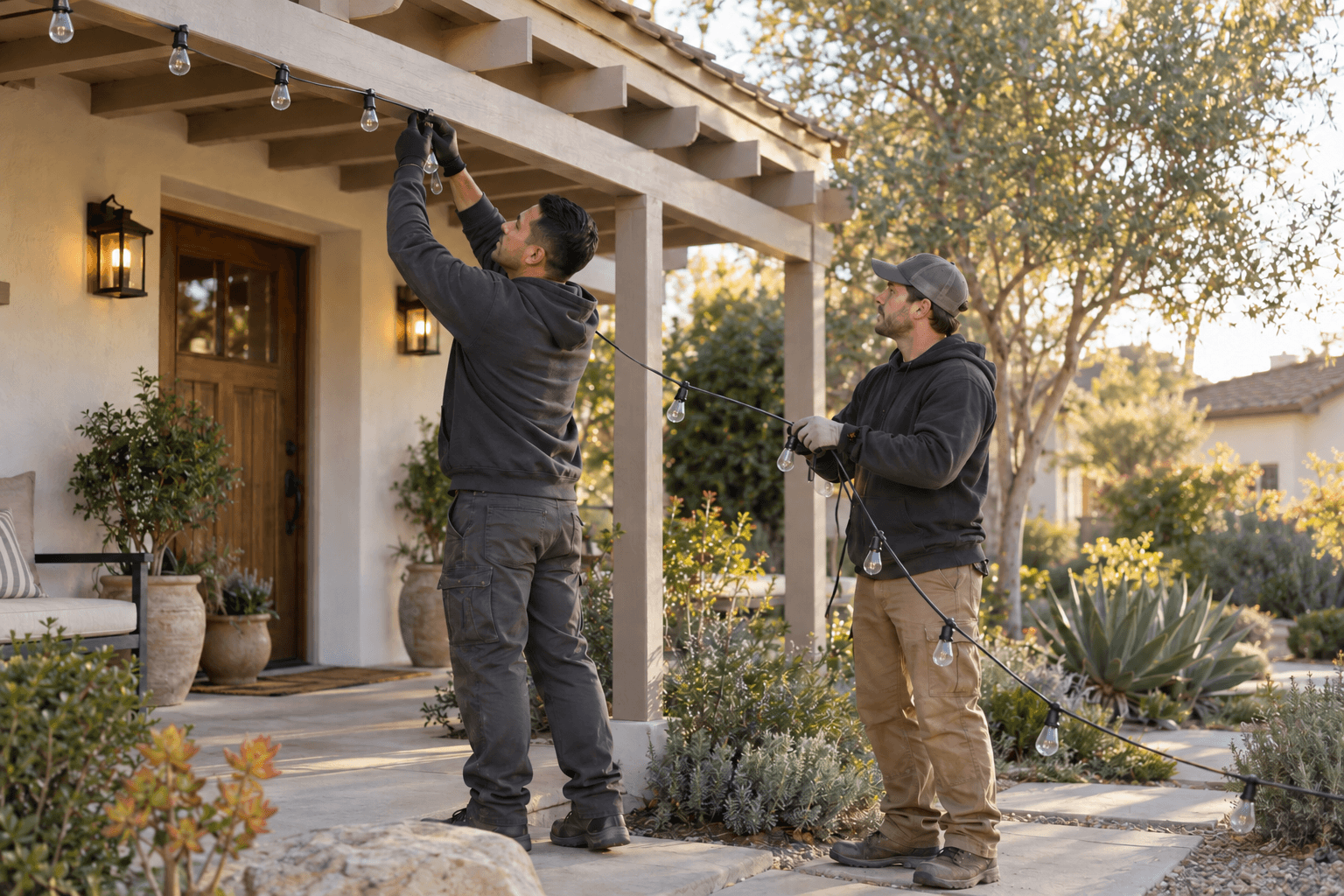 Two illustrated installers attach an unlit strand along a low porch edge.